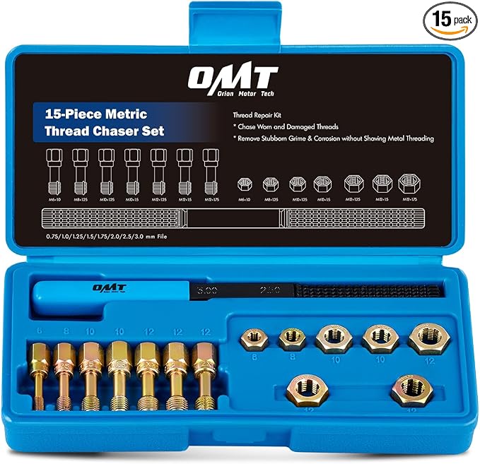 Metric Thread Chaser Set, 15-Piece Rethreading Tool Kit for M6 M8 M10 M12 | Master 15-Pc Restorer Set Includes 7 Taps, 7 Dies, and 1 Thread File. Durable Coated Steel. Hex Shape. Storage Case Incl