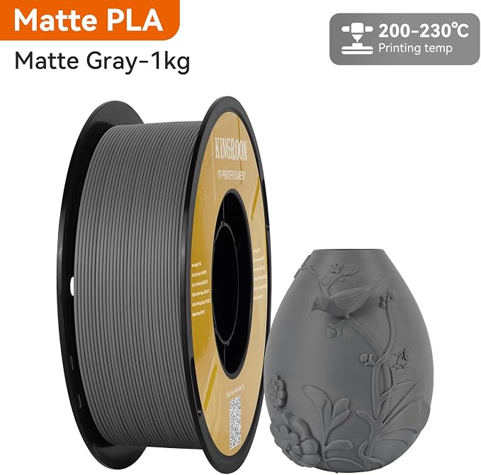 Kingroon Matte PLA Filament 1.75mm 3D Printer Filament Matte Filament 1kg Dimensional Accuracy +/- 0.02 mm (Matte Gray)
