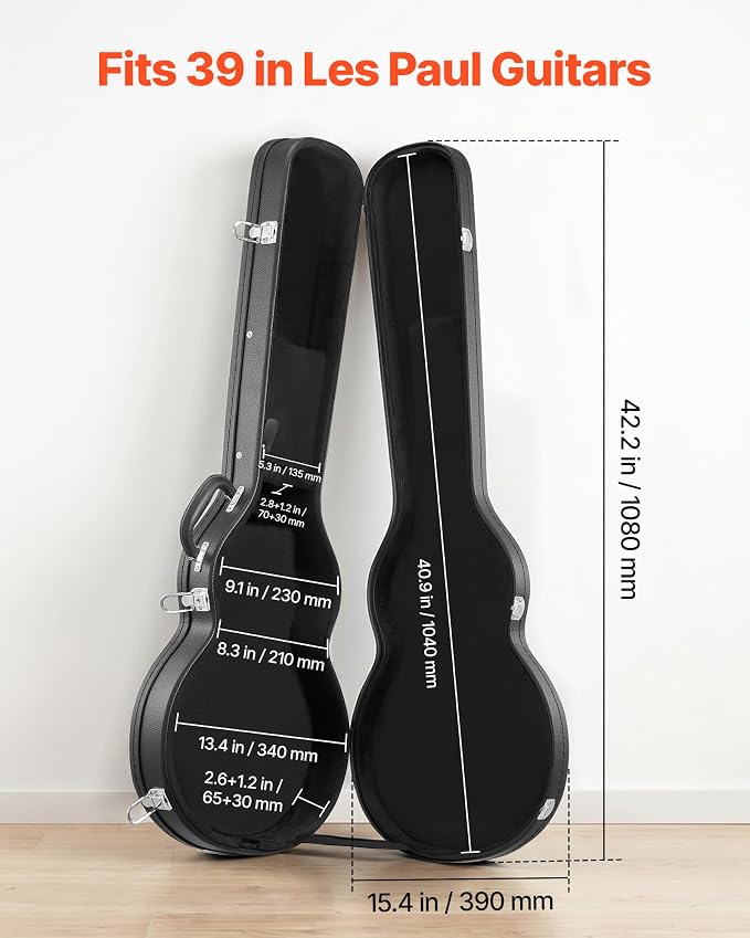 VEVOR Electric Guitar Hard Case, 42.2 Inch, Wooden Hard-Shell Protective Carrying Case with Lock Latch, Sponge Lining, Keys, Accessory Compartment, Water-Resistant, for 39 Inch Les Paul Guitars, Black