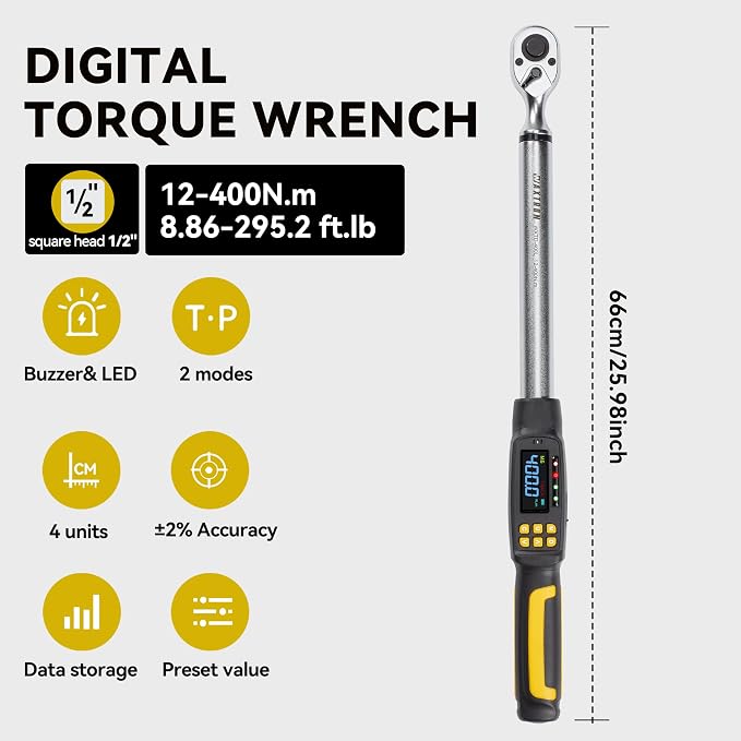 1/2 Drive Digital Torque Wrench with Adapters, 15-295 ft-lb (20-400 Nm), ±2% Accuracy, 72-Tooth Ratchet Head, Buzzer & LED Alerts, for Truck, SUV, Tires, Lug nuts & Wheels