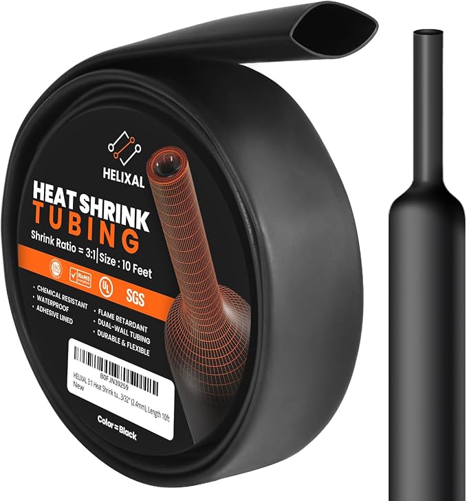 3/32" 2.4mm HELIXAL 3:1 Heat Shrink Tubing, Dual Wall Adhesive Lined Wire Shrink Wrap, Waterproof Marine Grade Electrical Insulation Roll 10ft
