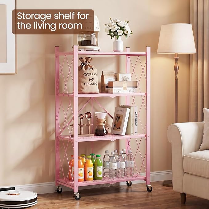 ALANNG 4 Tier Folding Storage Shelf on Wheels,Heavy Duty Metal Rolling Cart | 264 lbs Capacity, No Tools Assembly, Folds to 3.9", Lockable Casters, Portable for Kitchen Laundry Garage (Pink, 2 Pack)