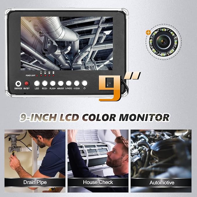 17MM Sewer Camera, Pipe Inspection Camera with 16GB TF Card, 9" Monitor, AHD 720P, 25M/82ft, Silver, Waterproof