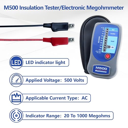 M500 Insulation Tester MEGOHMMETER, Compatible with Supco M500 Electronic Megohmmeter, Multimeter Tester, Compressor Tester HVAC, 1000 Megohms at 500 Volts, with Soft Carrying Case