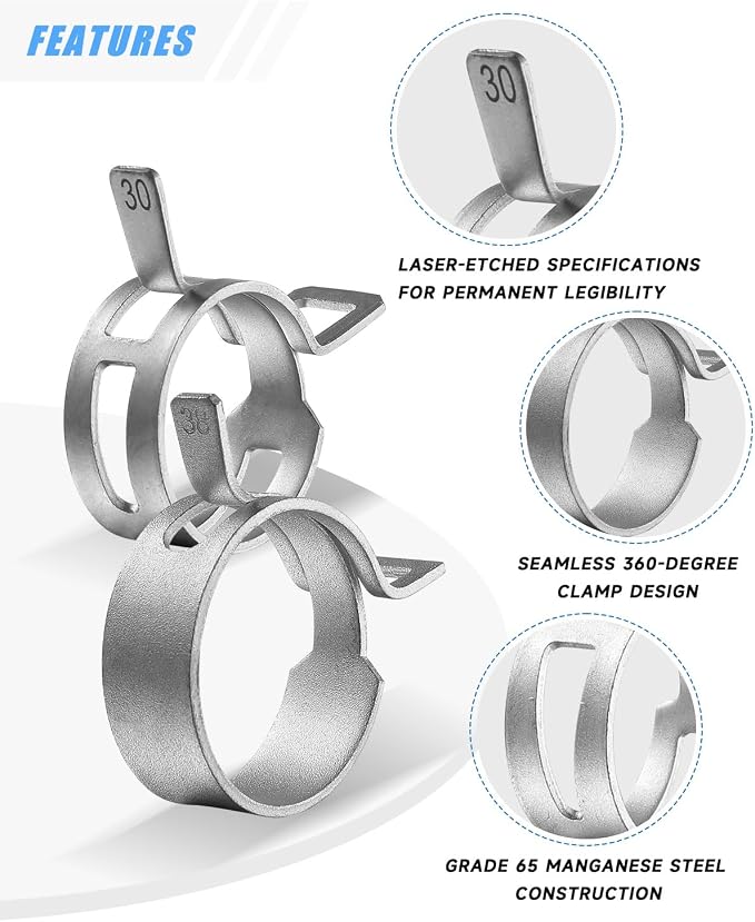 180Pcs 5/16" to 1-1/2"(7-38mm) 24 Size Spring Band Hose Clamps Assortment Kit with Swivel Flat Hose Clamp Plier, SEKSUALA Constant Tension Steel Clamps for Fuel Lines, Silicone,Vacuum Hoses (Grey?