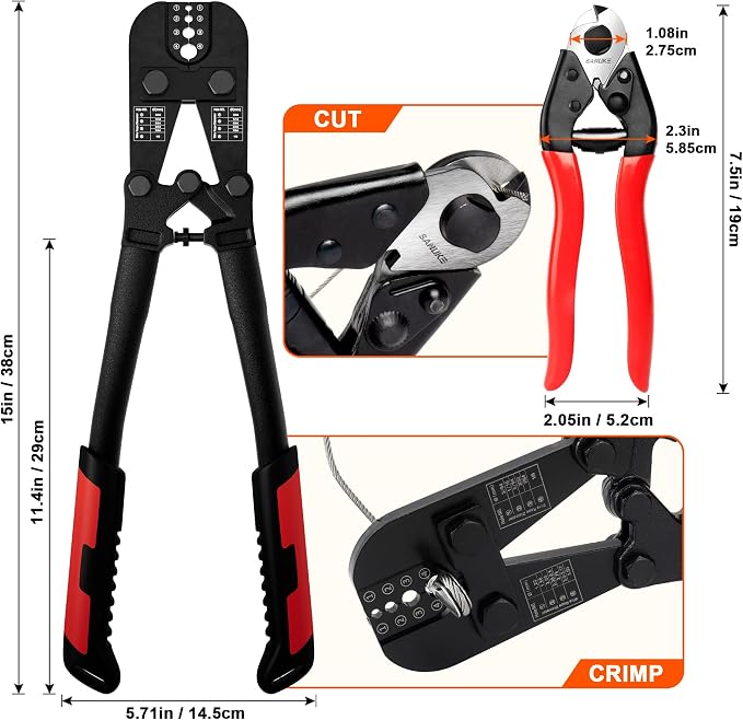 Sanuke Wire Rope Crimper Tool Kit with Steel Cable Cutter, Swagging Tool for Copper Aluminum Oval Sleeves, Double Sleeves, 4 Crimping Cavity 3/64" 1/16" 3/32" 1/8"