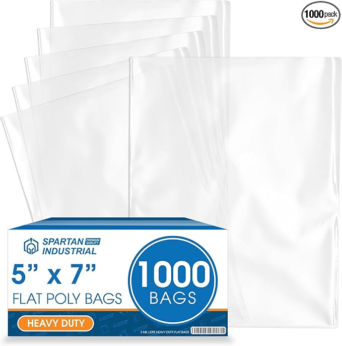 5" X 7" Open-End Flat Poly Bags (1000 Count) - 2 Mil Clear Plastic Bags for Packaging and Storage - No Adhesive Strip - Spartan Industrial