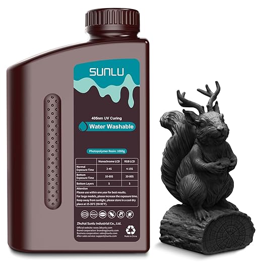 SUNLU Water Washable 3D Printer Resin, Fast Curing Low Shrinkage, High Precision Photopolymer Resin for LCD/DLP/SLA Printers,395 to 405nm UV Resin, 1000g Black