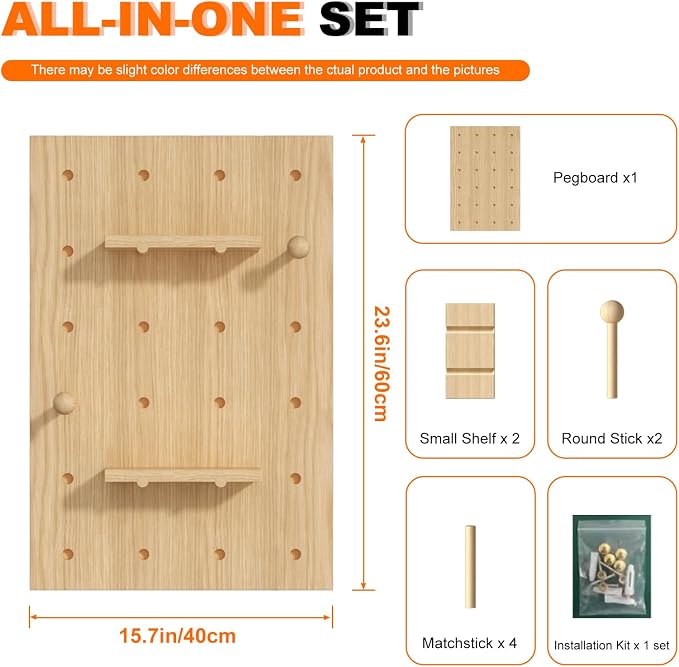 AMSXNOO Wood Pegboard Wall Organizer Panel, Wooden Pegboard Combination Wall Organizer Kit, Peg Board Panel Kits for Office Bedroom Livingroom Studyroom (Wooden Color, 40X60CM/15.7X23.6IN)
