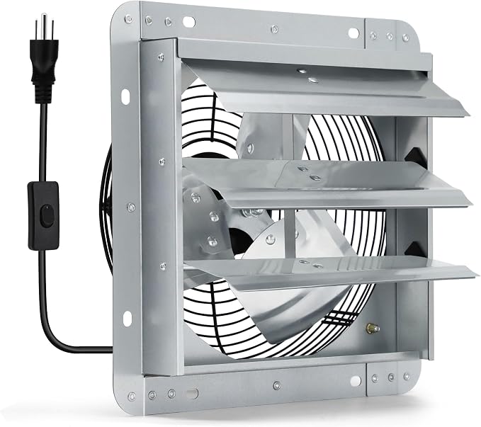 10 Inch Shutter Exhaust Fan, Wall Mount Attic Fan with Power Cord for Greenhouses, Sheds, Garages, Chicken Coops, Barns Ventilation, 820 CFM
