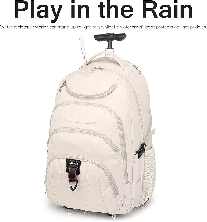 Boavan Rolling Backpack for Women, 17.3 Inch Wheeled Laptop Backpack,Large Travel Carry-On Bag for Teachers College Students, USB Charging Port Waterproof Business for Airplane Overnight Luggage，Beige