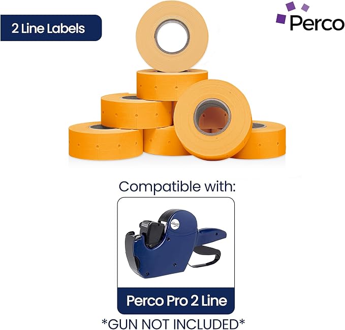 Perco 2 Line Fluorescent Orange Labels - 6,000 Blank Price and Date Gun Labels for Perco 2 Line Price and Date Guns - 8 Rolls, 1 Sleeve - Made in USA