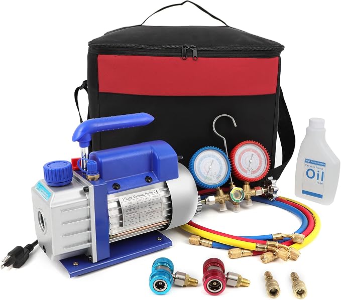 FAHKNS 110V 3.5 CFM Vacuum Pump 1/4HP with Manifold Gauge and Leak Detector Set for A/C HVAC Auto Repair R134 with Oil