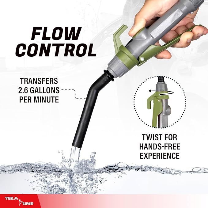 TERA PUMP 2nd Gen. TRCDM Portable Fuel Transfer Pump with Flow Control Nozzle (2.6 Gal/Min) Adjustable Suction Tube, Patented Control Handle, Nozzle Cap for Gas/Diesel/Kerosene / E15 to E85