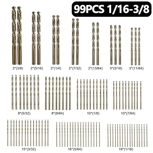 Cobalt Drill Bits Set for Hardened Metal and Stainless Steel, 99Pcs M35 High Speed Steel Twist Jobber Drill Bits 1/16"-3/8", with Plastic Index Storage Case