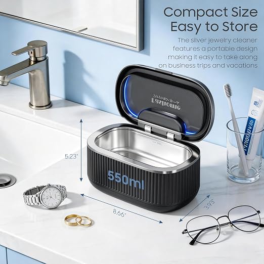 Ultrasonic Jewelry Cleaner with 45kHz for Rings, Glasses & Retainers | Safely Cleans Silver Necklace & Earring，3 Power Modes & 5 Timer Settings，Includes 2 Cleaning Solutions，35W Power & Degas Mode
