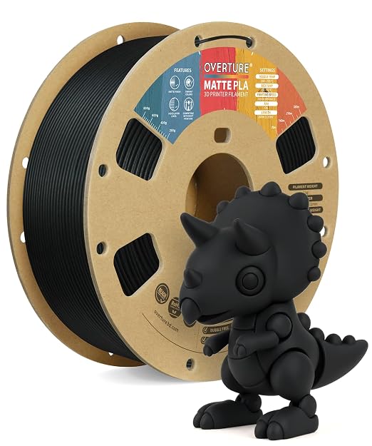 OVERTURE Matte PLA 1.75mm, Low Warp & Smooth Finish 3D Printer Filament | Frosted Matt Finish Hides Layer Lines, 1kg Spool (2.2lbs) Cardboard Spool, Fit Most FDM Printer (Matte Black)