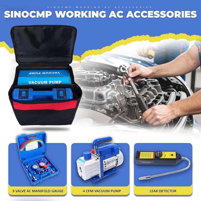 AC Manifold Gauge Set Kit 3-Way Valve, 4CFM Single Stage 110V 1/3 HP HVAC Vacuum Pump with Leak Detector for R134a R410a R12 R22 Air Conditioning Refrigeration Recharging