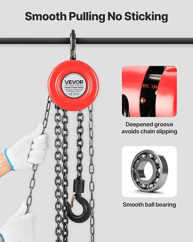 VEVOR Hand Chain Hoist, 1 Ton 2200 lbs Capacity, Manual Chain Block with Upgrade G70 Galvanized Chain, 10 ft Lifting Height, Heavy Duty Pulley Hoist for Garage Warehouse Automotive Machinery, Red