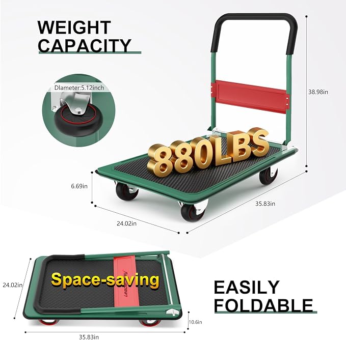 LEADALLWAY Foldable Push Cart 880lbs Capacity, Extra Tall 38.98" Height for Tall People, Heavy Duty Platform Truck 35.8" L x 24" W Green, Includes 2 Elastic Bungee Ropes