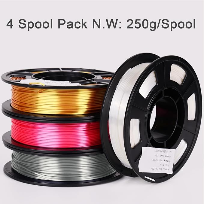 YOUSU 3D Printer Filament, 250G PLA Silk Filament Bundle, 1.75mm Smooth Silk Filament Muticolor, Silk PLA Filament 4 Color Pack 4x250g (Gold, Silver, Pink, White)