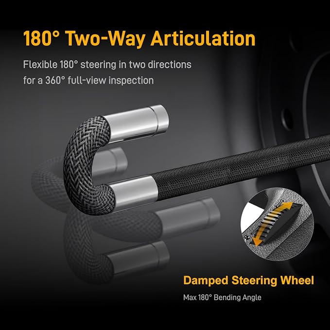 Articulating Borescope with 180° Two-Way Steering-1080P HD 4.3" Screen Automotive Endoscope, 85°C High-Temp Alarm, 6mm Slim Probe, 2600mAh Battery, Includes 32GB Card & Case