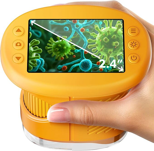 Odatay 4K 1000X Digital Microscope for Kids with Long Distance Viewing & 2.4" Screen, Portable Handheld Edu Toys for Kids Age 3-12 Exploring Bugs Plants at Home Classroom & Outdoor Travel, Yellow