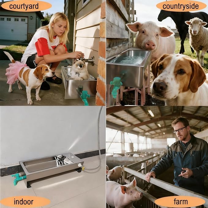 Automatic Livestock Water Trough 3 Gallons/12 Quart Livestock Animal Stainless Steel Automatic Waterer with Float Valve Kit for Goat Cattle Horse Hog Pigs Dog Outdoor, 22" L x8.6 W x 5.1" H