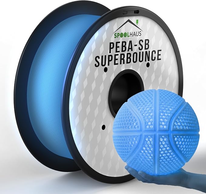 PEBA Filament High Rebound Flexible Filament Super TPU Nylon Based Strength 1.75mm 78% Energy Return Bouncy Airless Basketball Lightweight 3D Printer Filament SpoolHaus Superbounce (Glow Blue, 1kg)