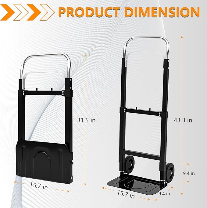 Convertible Dolly Cart with Wheels, Foldable Hand Truck Dolly, 200 lb Heavy Duty 2 in 1 Utility Cart with Adjustable Handle and Bungee Cords for Moving, Home, Office, Shopping and Travel