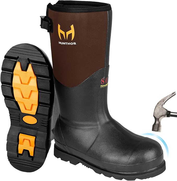 Rubber Work Boots with 800g Insulation, Puncture-Proof Steel Toe & Shank, Waterproof and Insulated 6mm Neoprene Hunting Boots for Farming, Construction, Fishing, and Manufacturing (Size 6-14)