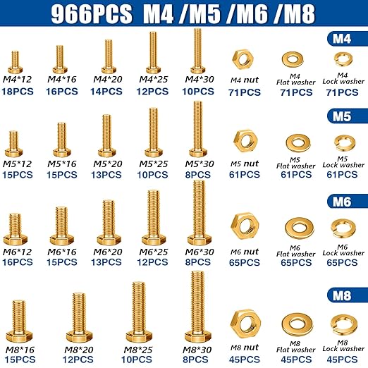 Taiss 966pcs Grade 8.8 Metric Bolt Assortment,Metric Bolts and Nuts Assortment,Bolt Kit M4 M5 M6 M8(12-30mm) Heavy Duty Hex Bolts and Nuts Kit Flat/Lock Washer Yellow Zinc Plated,with Handheld Box