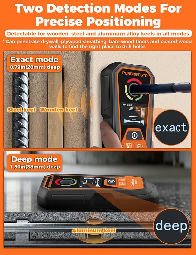 Rechargeable 6 in 1 Stud Finder Wall Scanner POROMETISTO, Positioning Hole for Pipe Wood Studs, Live Wire Detector for Electricians, Ferrous Metals Non-Ferrous Metals, Alarm Wall Detector