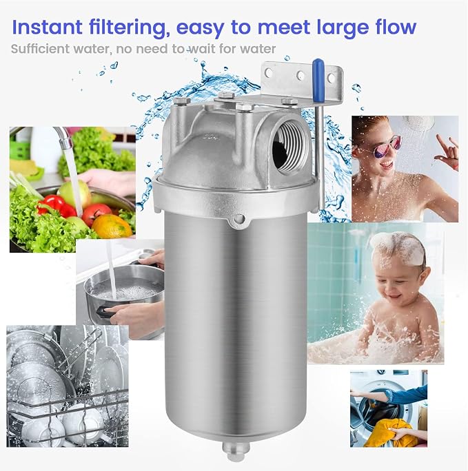 NSF/ANSI 42 Stainless Steel Whole House Water Filter Housing, 5" x 2.5" Sediment Water Filter System for Heavy Duty, Well & City Water, 1/2" NPT Port, Drain Valve Style C(Square Head)