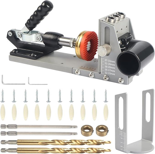 Pocket Hole Jig Kit with Vacuum Dust Collection, All-Metal Pocket Screw Jig with 3/8" Step Drill Bit, Depth Stop Collar, Adjustable Thickness for Woodworking Joinery, Cabinet Building