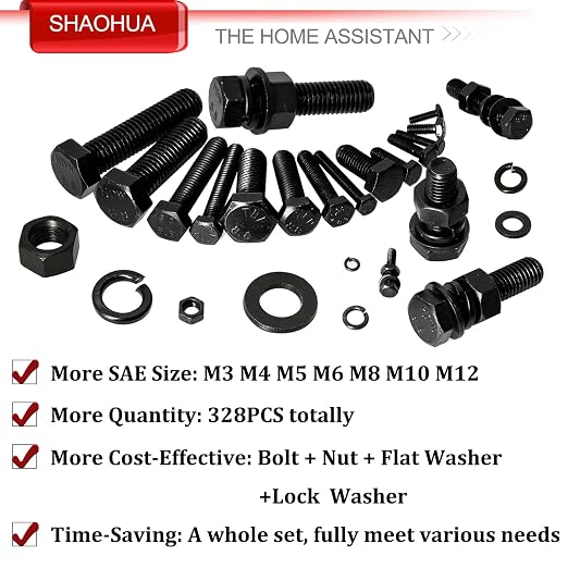 M3 M4 M5 M6 M8 M10 M12 Metric Bolt Assortment, Grade 8.8 Carbon Steel Hex Head Nuts and Bolts Assortment Kit, Hex Head Screw Bolt, Nuts, Flat & Lock Washers, Black, 328PCS