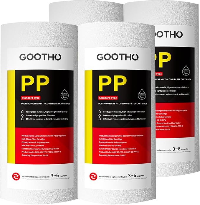 10" x 4.5" 5 Micron Whole House Polypropylene PP Sediment Filter Sediment Filter Cartridge Replacement,Dual-Gradient Density Spun Polypropylene, (Pack of 4), White