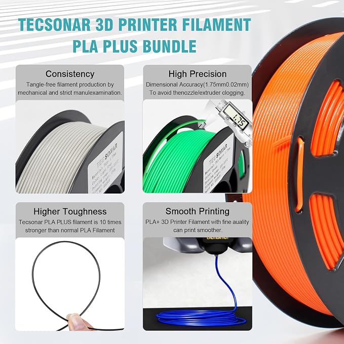 1.75mm PLA + Filament 8 Colors 250g 8 Pack, High Tough Low Warp 3D Printer Filament ±0.02mm for All FDM Printers