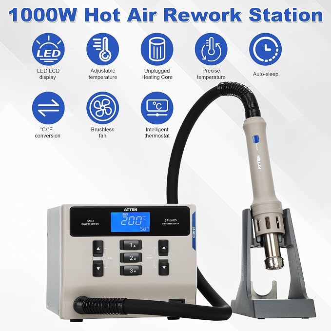 ATTEN ST-862D Lead-free Hot Air Gun Soldering Station,ST-862D 1000W Digital Display Automatic Sleep Hot Air Gun Soldering Station, PCB Chip Soldering Repair Desoldering Station