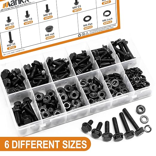 mankk 248PCS Metric Flange Hex Bolts and Nuts Kit M6x1.0 Bolt (12mm to 35mm) Grade 10.9 Black Alloy Steel Class Hex Bolts and Nuts Washers Kit for Automotive