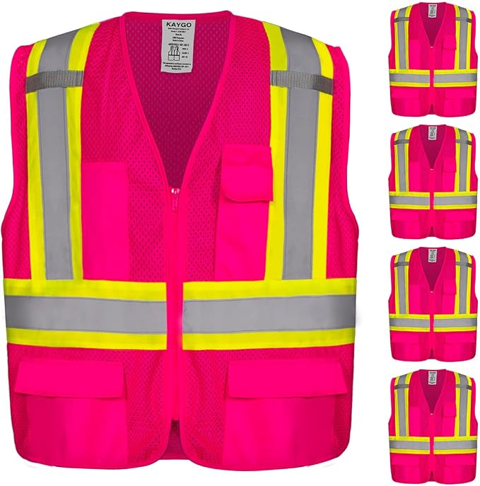 KAYGO Reflective High Vis Safety Vest with Pockets for Men and Women KG0100 | Breathable Polyester Lightweight, Two-Tone, ANSI Class 2, for Construction, Warehouse, Surveying, Cycling, Machine Washable