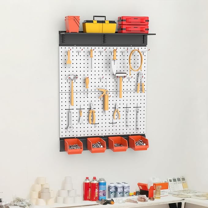 TORACK Metal Pegboard with Accessoreis for Garage Wall, Tool Organizer Pegboard with Hooks, Wall Mounted Bins/Shelf, Tool Storage Peg Board for Wall(Grey)