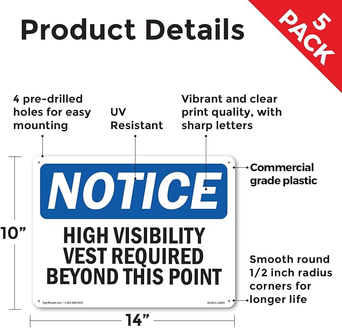 High Visibility Vests Required Beyond This Point OSHA Notice Rigid Plastic Sign 14 Inch x 10 Inch - 5 Pack
