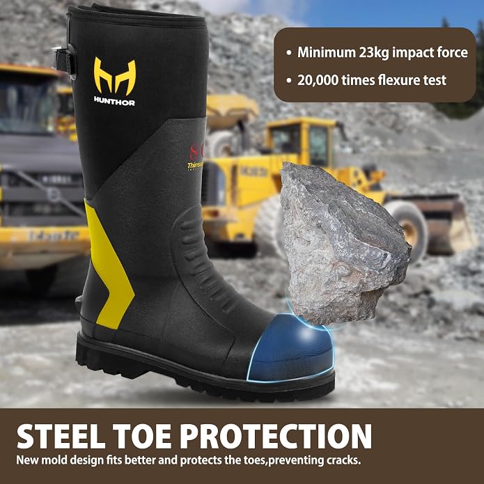 Rubber Work Boots with 800g Insulation, Puncture-Proof Steel Toe & Shank, Lightweight EVA Outsole Waterproof Insulated Neoprene Hunting Boots for Farming, Construction and Manufacturing (Size 6-14)