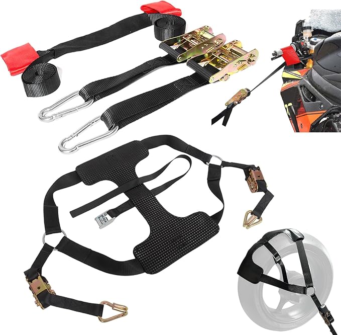 Motorcycle Tie-Down Strap Kit, Front Handlebar & Rear Wheel Tie Down Straps, Heavy Duty 1,500 lbs Break Strength with Ratchet Straps for Motorcycle Transport