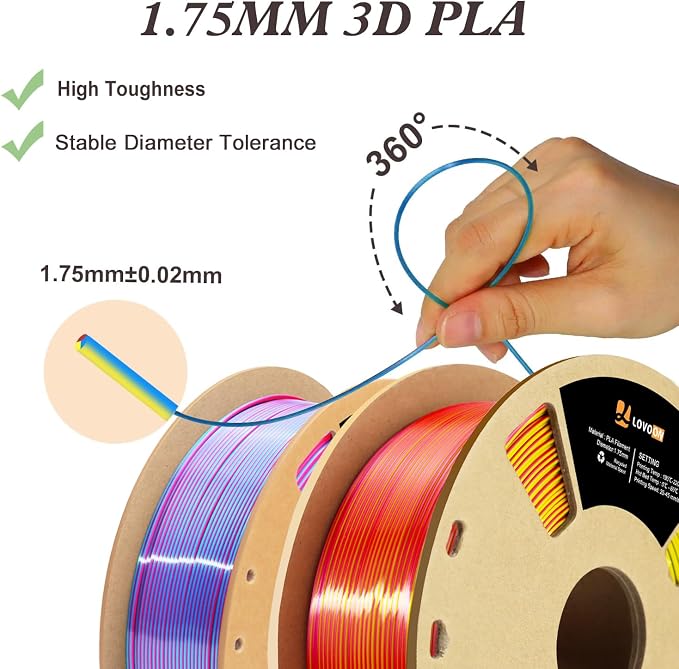 LOVOON Silk PLA 3D Printer Filament Bundle 2 KG, PLA Filament 1.75mm, Shiny Silk Tri Color Blue/Yellow/Red and Rose Red/Sky Blue/Yellow, Color Change by Angle 3D Printer PLA Filaments, 1KG X 2 Spools