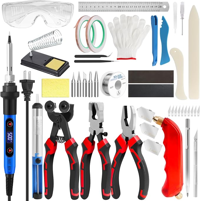 YOTINO Glass Cutters Tools,43PCS Stained Glass Tools with Glass Nippers Glass Running Pliers Breaking Pliers Oil Feed,80W Soldering Iron, Solder Wire