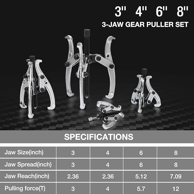 DURATECH 4-Piece 3-Jaw Gear Puller, 3", 4", 6", 8", Removal Tool for Gears, Pulleys, Bearings and Flywheels, Fully Assembled, CR-V Steel
