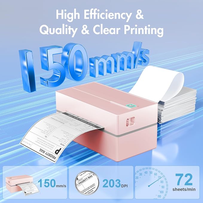 Bluetooth Thermal Shipping Label Printer: 4x6 Wireless Label Maker with Tape for Small Business - Compatible with iPhone, Android, Windows & Mac, Widely Used for USPS UPS Amazon Shopify, Pink