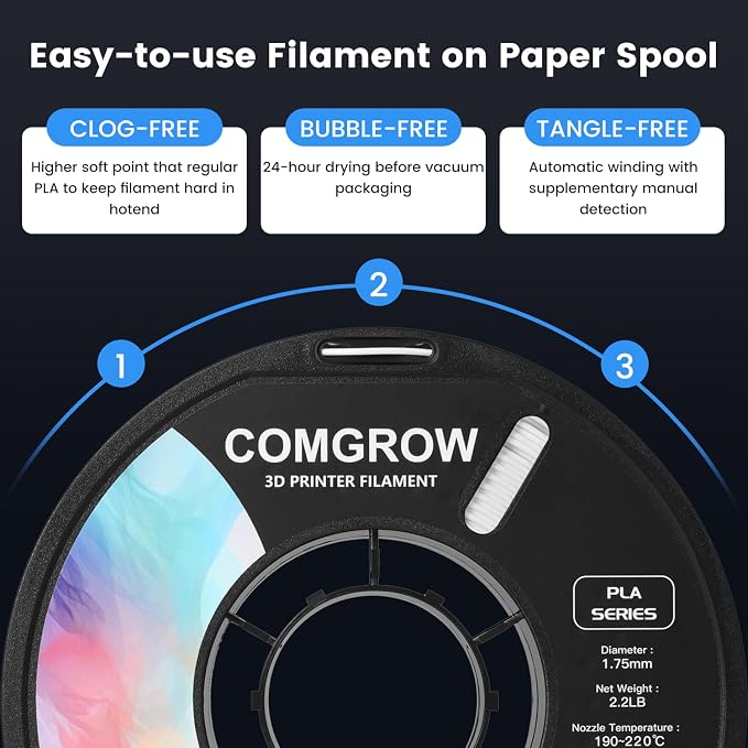 Comgrow PLA 3D Printer Filament, 3D Printer PLA Filament 1.75mm, Dimensional Accuracy +/- 0.02 mm, 1KG Spool PLA White